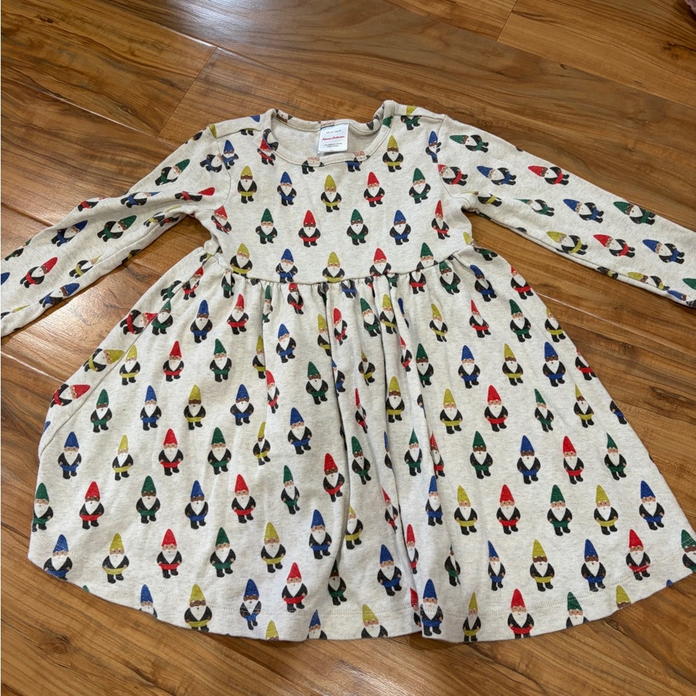 Hanna Andersson Cream Dress with Red, Blue, Green & Yellow Gnomes